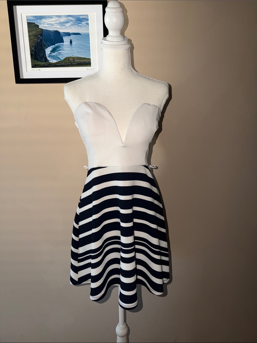 Strapless Navy and White Striped Fit-and-Flare Dress